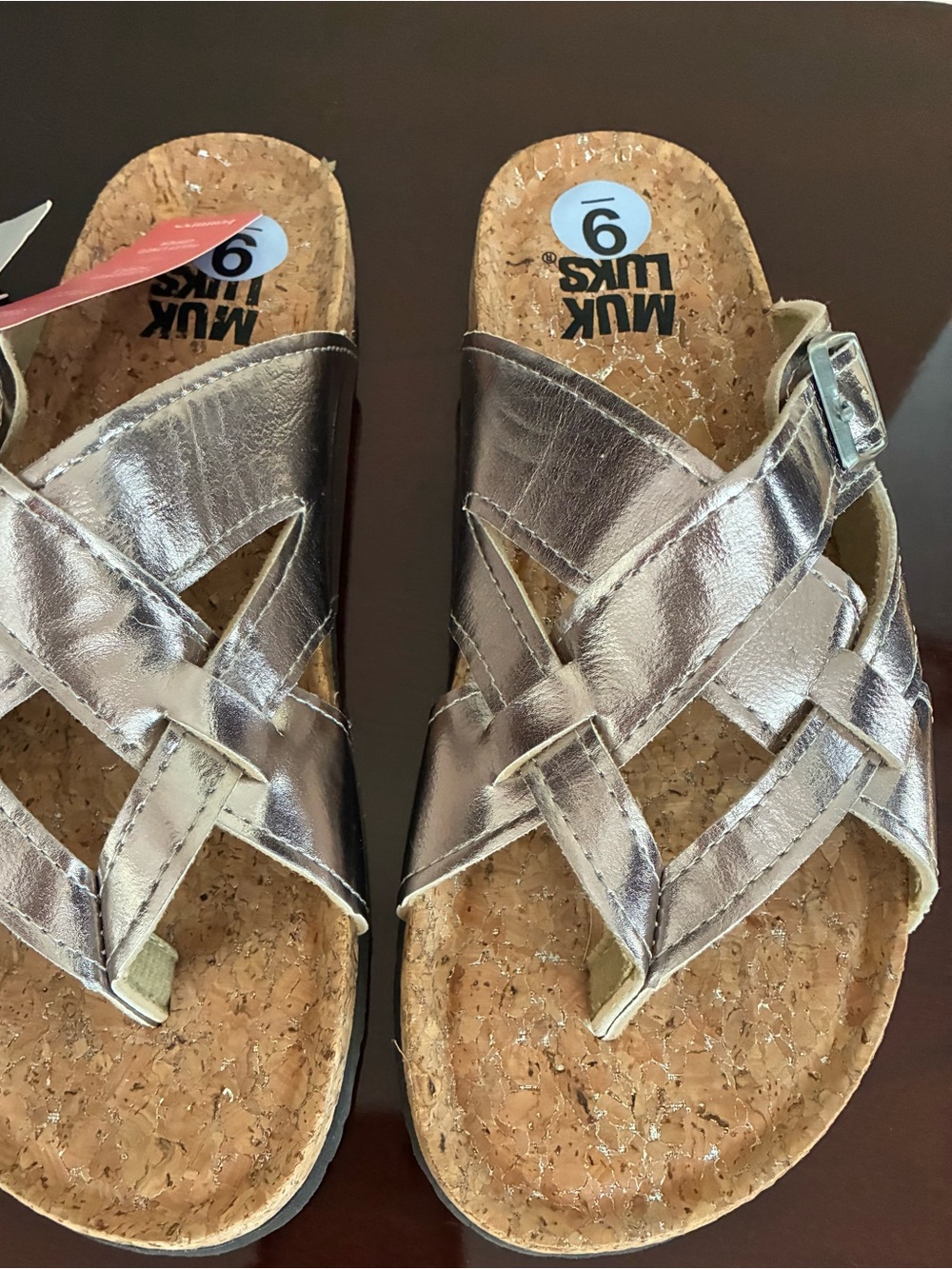 Muk Luks Metallic Pewter Crisscross Cork-Top Sandals - NWT - Size 9